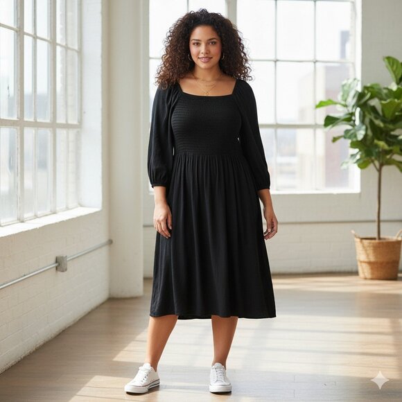 Old Navy Dress Womens 3X Black Square Neck Puff Sleeve Milkmaid Smocked Top Goth - Picture 13 of 13